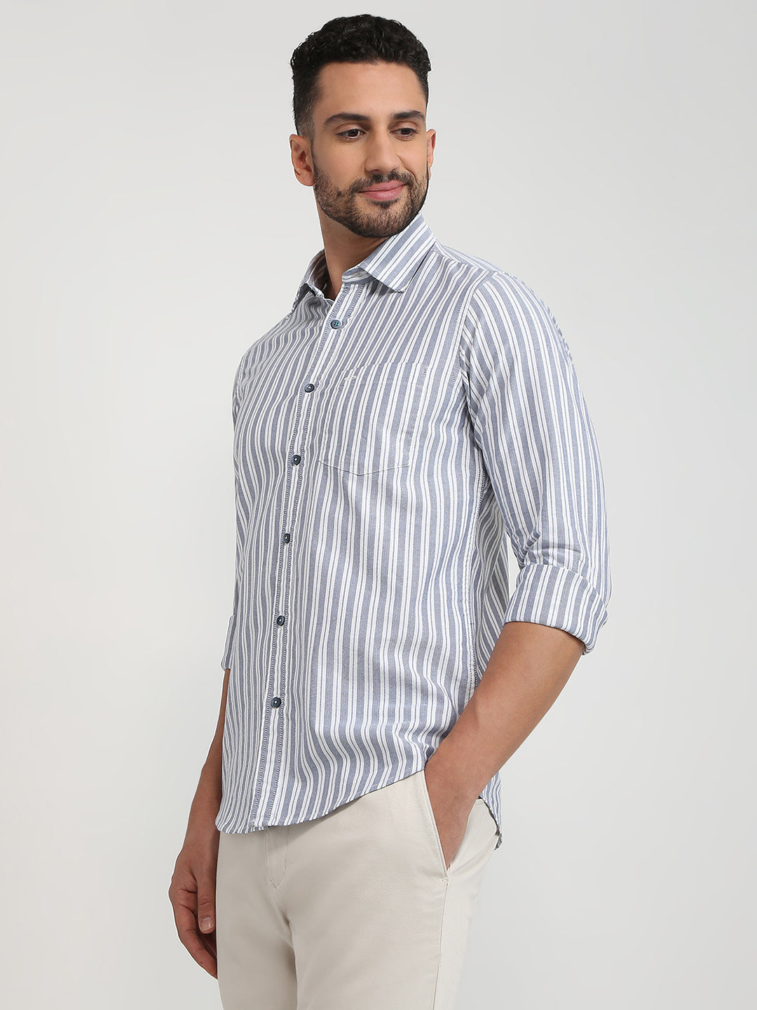 Colorplus Men Blue Stripe Slim Fit Cotton Casual Shirt