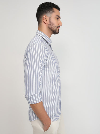 Colorplus Men Blue Stripe Slim Fit Cotton Casual Shirt