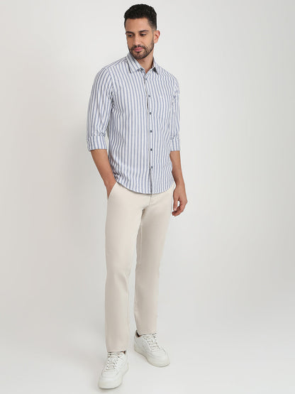 Colorplus Men Blue Stripe Slim Fit Cotton Casual Shirt