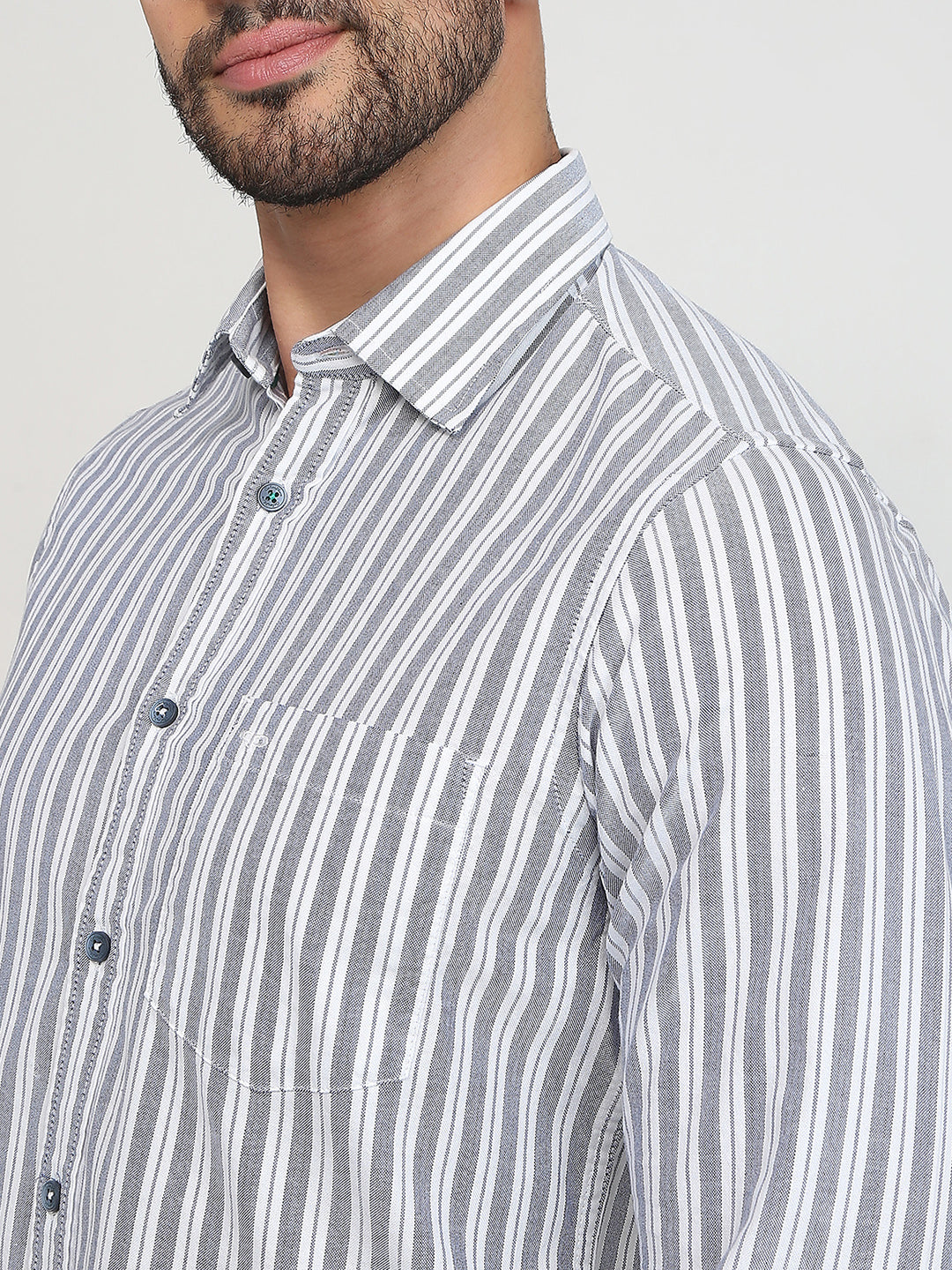 Colorplus Men Blue Stripe Slim Fit Cotton Casual Shirt