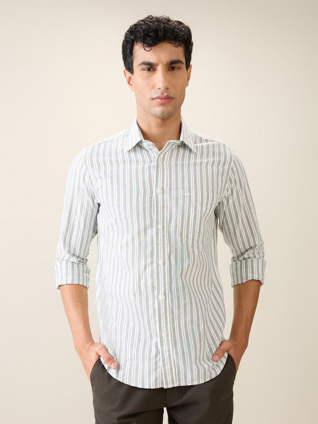 Colorplus Men Green Stripe Slim Fit Cotton Casual Shirt