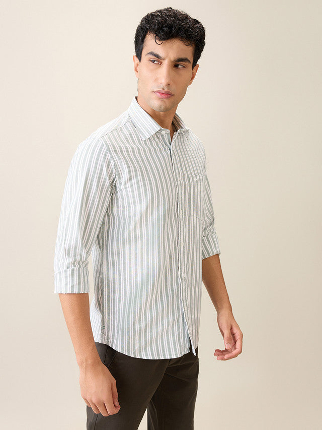 Colorplus Men Green Stripe Slim Fit Cotton Casual Shirt