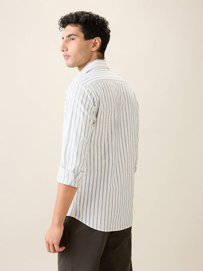Colorplus Men Green Stripe Slim Fit Cotton Casual Shirt