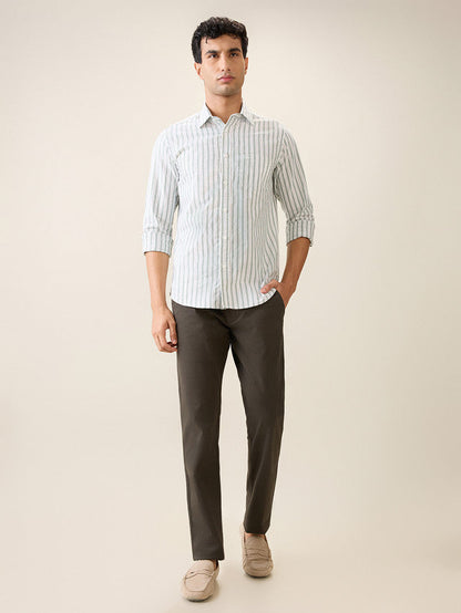 Colorplus Men Green Stripe Slim Fit Cotton Casual Shirt