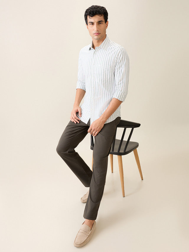 Colorplus Men Green Stripe Slim Fit Cotton Casual Shirt