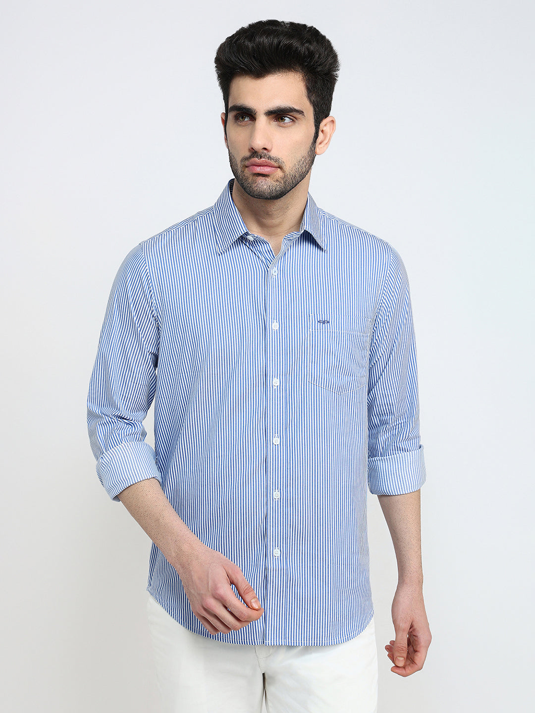 Colorplus Men Blue Stripe Slim Fit Cotton Blend Full Sleeve Casual Shirt