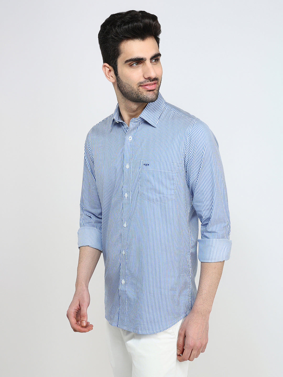 Colorplus Men Blue Stripe Slim Fit Cotton Blend Full Sleeve Casual Shirt