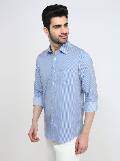 Colorplus Men Blue Stripe Slim Fit Cotton Blend Full Sleeve Casual Shirt