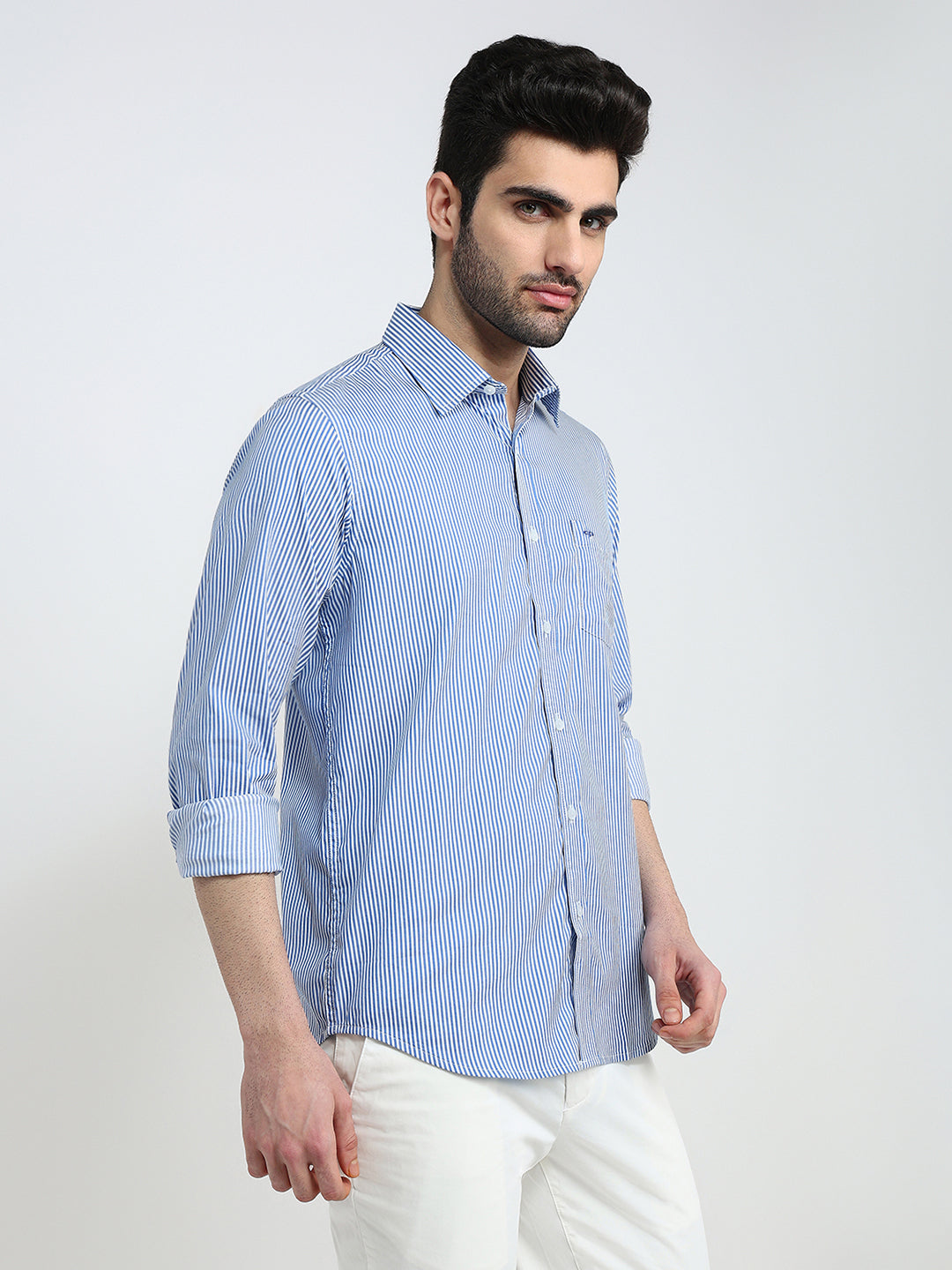 Colorplus Men Blue Stripe Slim Fit Cotton Blend Full Sleeve Casual Shirt