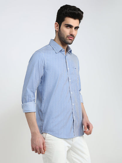 Colorplus Men Blue Stripe Slim Fit Cotton Blend Full Sleeve Casual Shirt