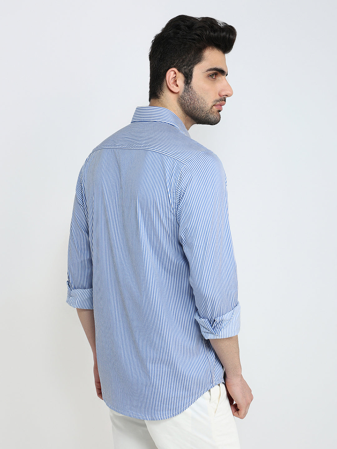 Colorplus Men Blue Stripe Slim Fit Cotton Blend Full Sleeve Casual Shirt