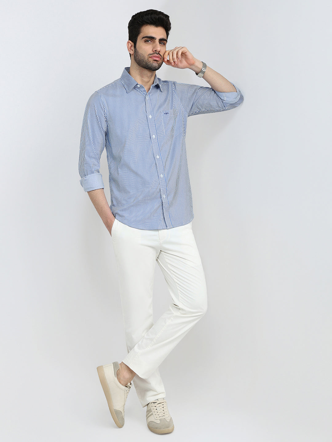 Colorplus Men Blue Stripe Slim Fit Cotton Blend Full Sleeve Casual Shirt