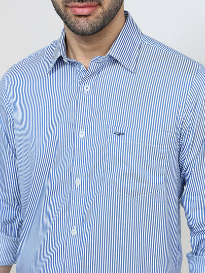 Colorplus Men Blue Stripe Slim Fit Cotton Blend Full Sleeve Casual Shirt
