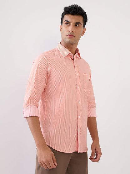 Colorplus Men Orange Stripe Slim Fit Cotton Blend Full Sleeve Casual Shirt