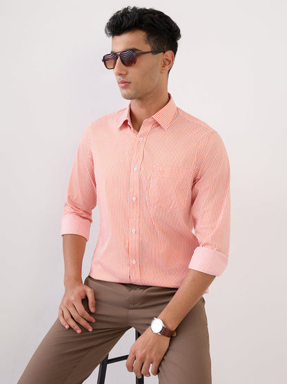 Colorplus Men Orange Stripe Slim Fit Cotton Blend Full Sleeve Casual Shirt