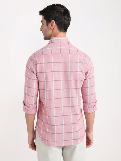 Colorplus Men Orange Checks Slim Fit Cotton Blend Full Sleeve Casual Shirt