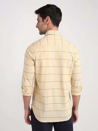 Colorplus Men Yellow Checks Slim Fit Cotton Blend Full Sleeve Casual Shirt