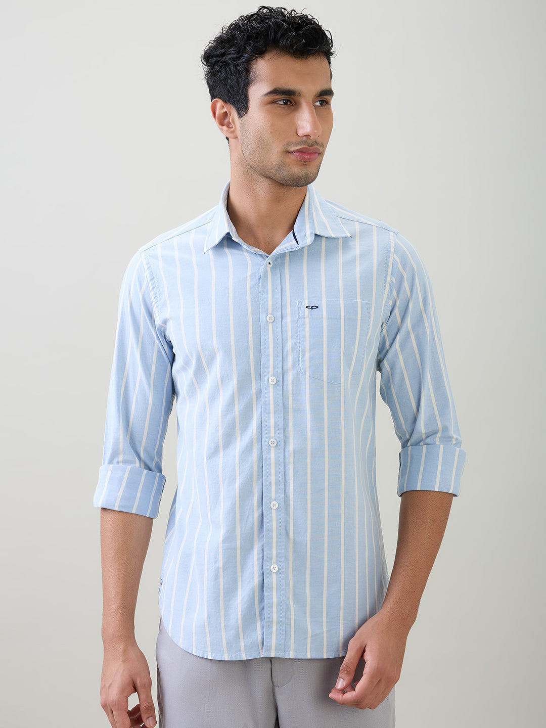 Colorplus Men Blue Solid Slim Fit Cotton Blend Full Sleeve Casual Shirt