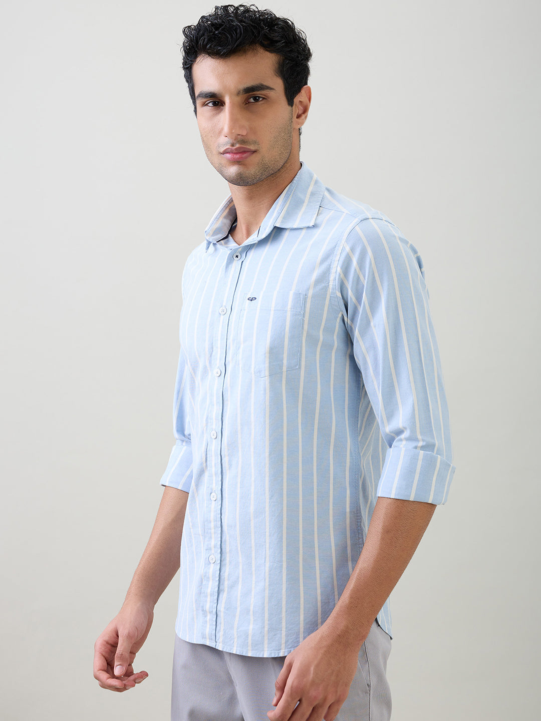 Colorplus Men Blue Solid Slim Fit Cotton Blend Full Sleeve Casual Shirt