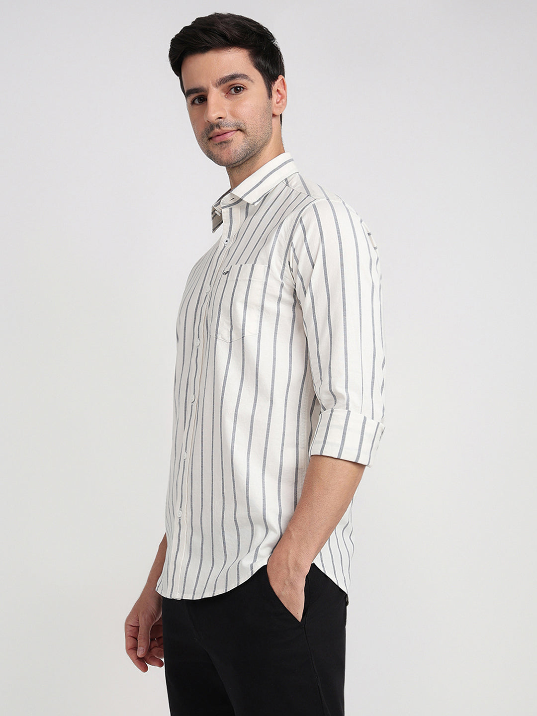 Colorplus Men White Stripe Slim Fit Cotton Blend Full Sleeve Casual Shirt