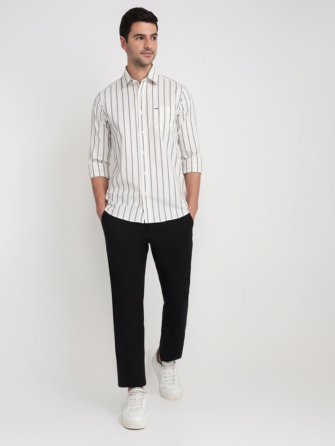 Colorplus Men White Stripe Slim Fit Cotton Blend Full Sleeve Casual Shirt