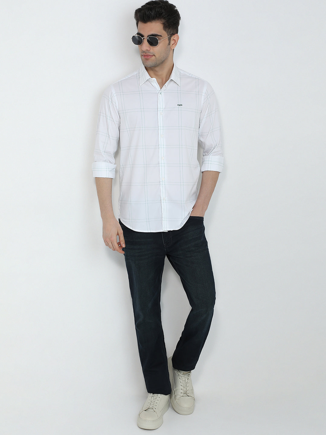 Colorplus Men White Checks Regular Fit Cotton Blend Full Sleeve Casual Shirt