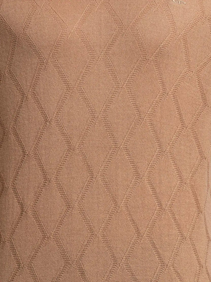 Men Brown Tailored Fit Structure Acrylic Merino Blend Full Sleeve V Neck Collar Sweaters