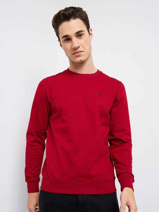 Park Avenue Men Red Solid Slim Fit Cotton Blend Round Neck Collar Sweatshirt