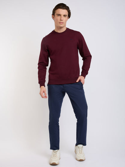 Park Avenue Men Red Solid Slim Fit Cotton Blend Round Neck Collar Sweatshirt