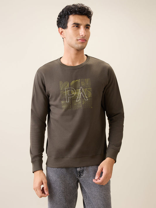 Park Avenue Men Green Printed Slim Fit Cotton Blend Round Neck Collar Sweatshirt