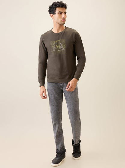 Park Avenue Men Green Printed Slim Fit Cotton Blend Round Neck Collar Sweatshirt