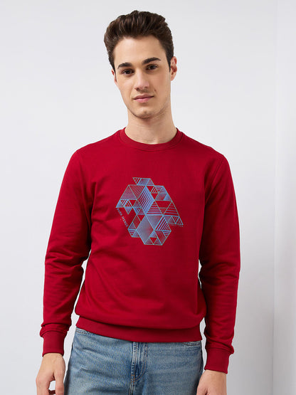 Park Avenue Men Red Printed Slim Fit Cotton Blend Round Neck Collar Sweatshirt