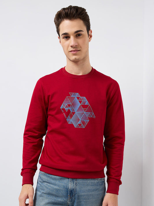 Park Avenue Men Red Printed Slim Fit Cotton Blend Round Neck Collar Sweatshirt