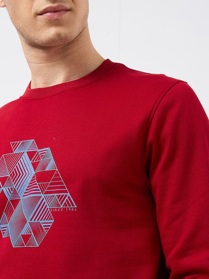 Park Avenue Men Red Printed Slim Fit Cotton Blend Round Neck Collar Sweatshirt