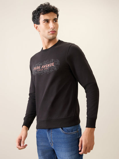 Park Avenue Men Black Printed Slim Fit Cotton Blend Round Neck Collar Sweatshirt