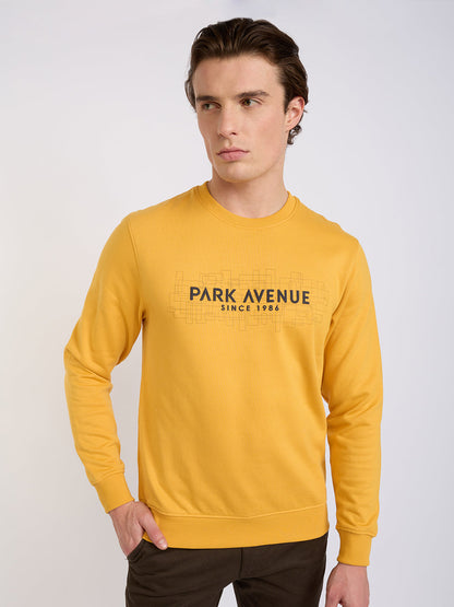 Park Avenue Men Yellow Printed Slim Fit Cotton Blend Round Neck Collar Sweatshirt