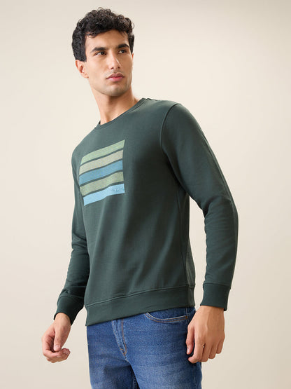 Park Avenue Men Green Printed Slim Fit Cotton Blend Round Neck Collar Sweatshirt