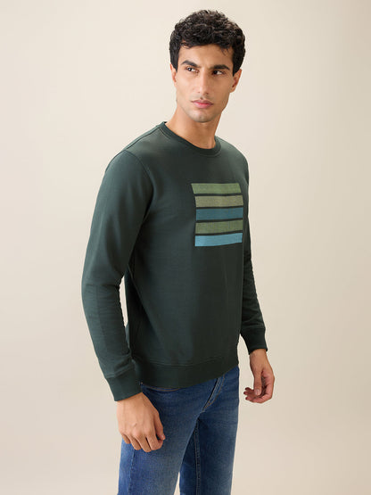 Park Avenue Men Green Printed Slim Fit Cotton Blend Round Neck Collar Sweatshirt