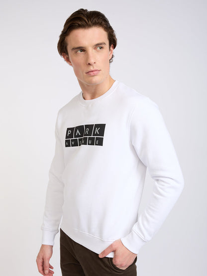 Park Avenue Men White Printed Slim Fit Cotton Blend Round Neck Collar Sweatshirt