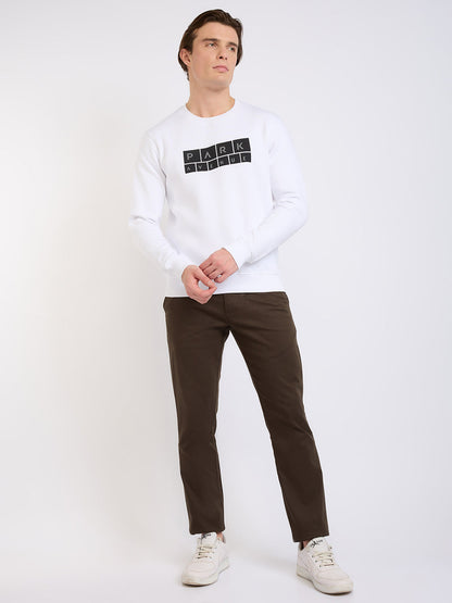Park Avenue Men White Printed Slim Fit Cotton Blend Round Neck Collar Sweatshirt