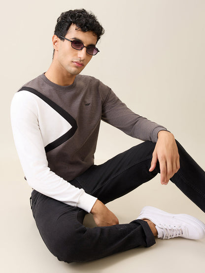 Park Avenue Men Black Cut & Sew Slim Fit Cotton Blend Crew Neck Collar Sweatshirt
