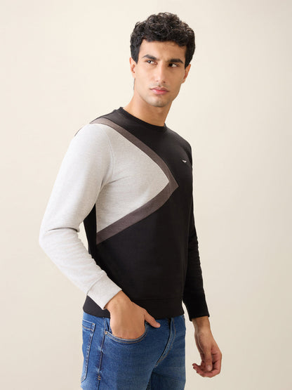 Park Avenue Men Black Cut & Sew Slim Fit Cotton Blend Crew Neck Collar Sweatshirt