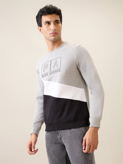 Park Avenue Men Grey Cut & Sew Slim Fit Cotton Blend Crew Neck Collar Sweatshirt