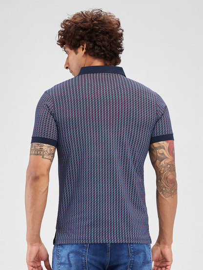 Park Avenue Blue Printed Slim Fit Cotton Blend T-Shirt