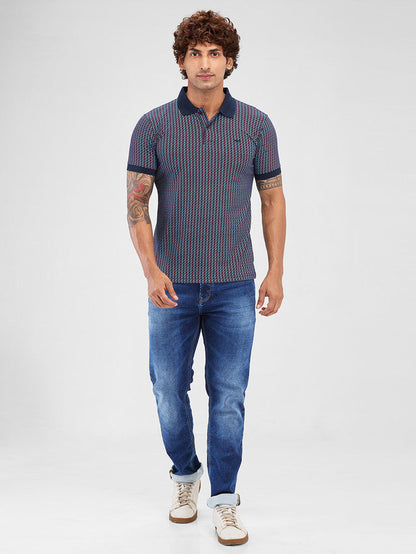 Park Avenue Blue Printed Slim Fit Cotton Blend T-Shirt