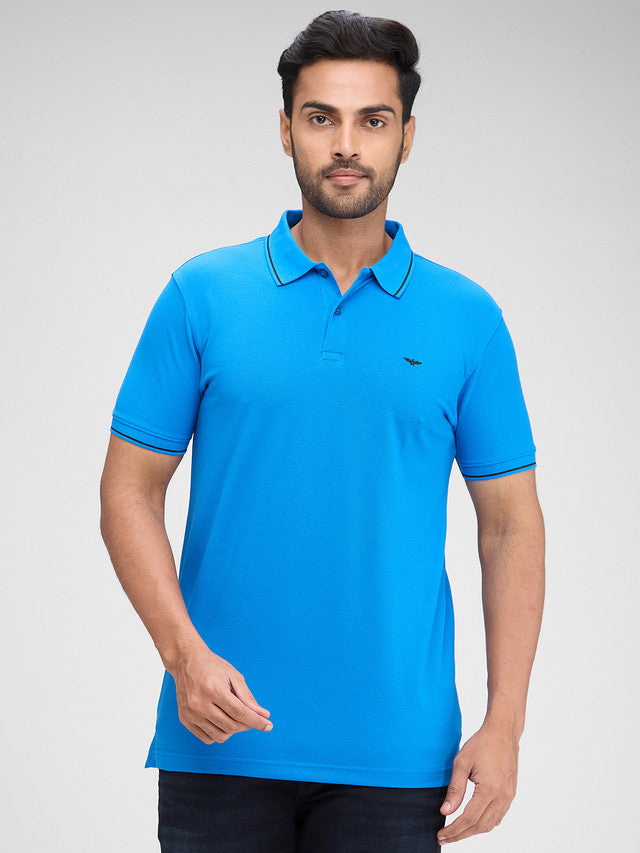 Park Avenue Blue Solid Slim Fit Half Sleeve Cotton Blend T-Shirt