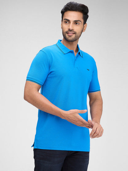 Park Avenue Blue Solid Slim Fit Half Sleeve Cotton Blend T-Shirt