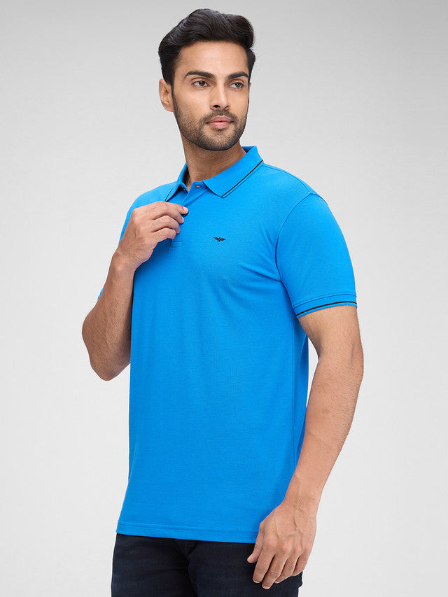 Park Avenue Blue Solid Slim Fit Half Sleeve Cotton Blend T-Shirt