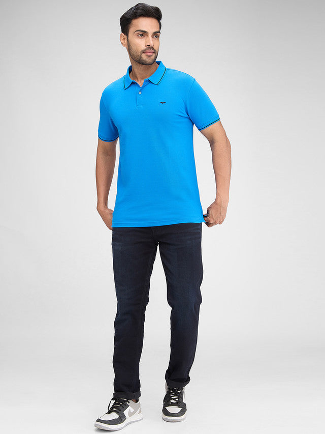 Park Avenue Blue Solid Slim Fit Half Sleeve Cotton Blend T-Shirt