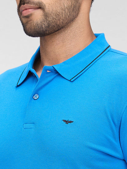 Park Avenue Blue Solid Slim Fit Half Sleeve Cotton Blend T-Shirt